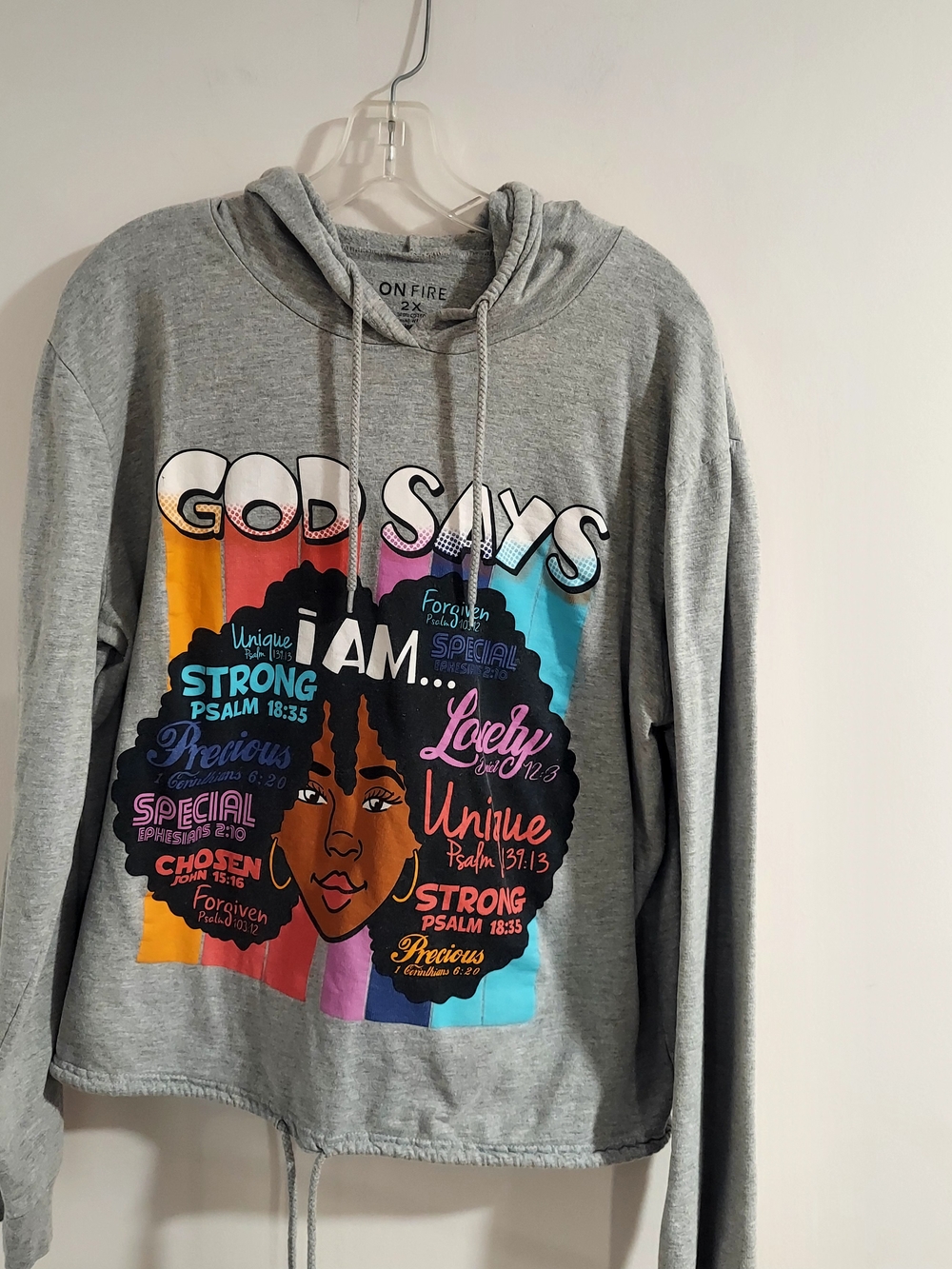 On Fire Gray Hoodie with Multicolor Graphic 'God Says I Am'